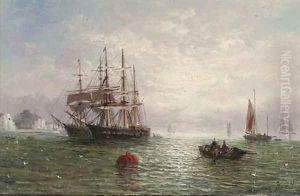 Anchored in calm waters off the coast by Adolphus Knell