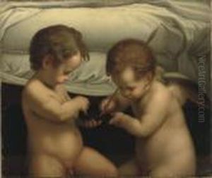 Two Putti Playing With An Arrow Before A Bed by Antonio Allegri da Correggio