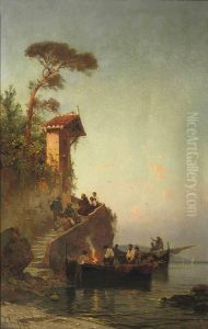 A Coastal Scene With Fishermen And A Monk Praying With Children by Hermann David Solomon Corrodi