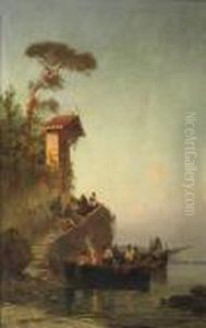 A Coastal Scene With Fishermen And A Monk Praying Withchildren by Hermann David Solomon Corrodi