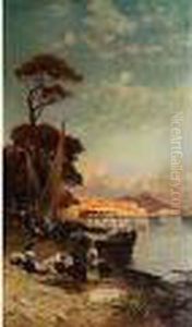 Fischerfamilien Am Ufer Der Bucht Von Neapel Im Abendlicht by Hermann David Solomon Corrodi