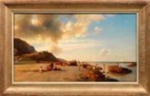 Suditalienische Kustenlandschaft Mit Familien Und Badenden Knaben Suditalienische Kustenlandschaft Mit Familien Und Badenden Knaben