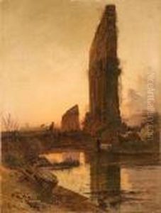 Mandria Di Bufali Presso Antico Acquedotto Con Roma Inlontananza by Hermann David Solomon Corrodi