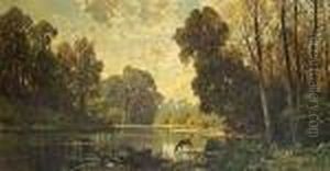 A Tranquil Wooded Scene With Deer Drinkingfrom A Pond by Hermann David Solomon Corrodi
