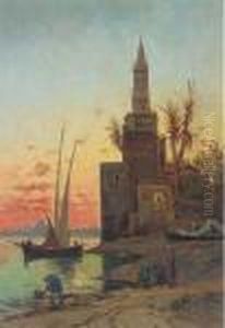 Sunset On The Nile, The Pyramids Beyond by Hermann David Solomon Corrodi