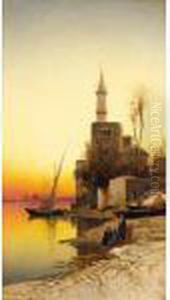 The Nile At Sunset, The Pyramids Beyond by Hermann David Solomon Corrodi