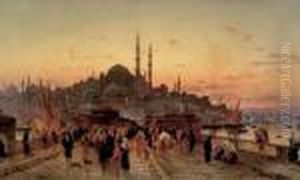 Le Pont De Galata Au Crepuscule Avec La Mosquee Yeni Valide Djami