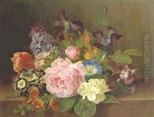 Mixed flowers on a ledge by Henriette Gertruide Knip