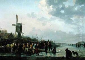 Winter scene frozen river with skaters by Leendert de Koningh