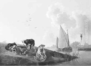 A milkmaid filling a jug on a jetty by Leendert de Koningh