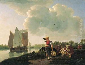 A milkmaid walking along a waterway