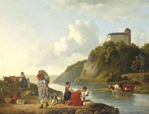 Washer women at a riverbank, a castle beyond - view 1