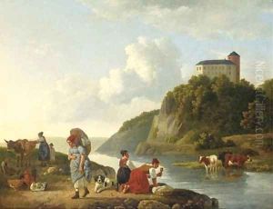 Washer women at a riverbank, a castle beyond by Leendert de Koningh