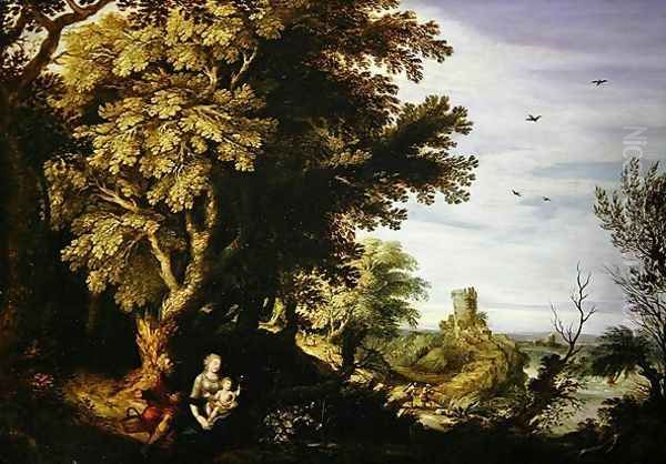 A wooded landscape with a Rest on the Flight to Egypt - view 1