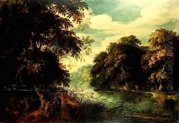 Forest landscape with birdcatchers beside a river - view 1