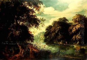 Forest landscape with birdcatchers beside a river by Alexander Keirincx