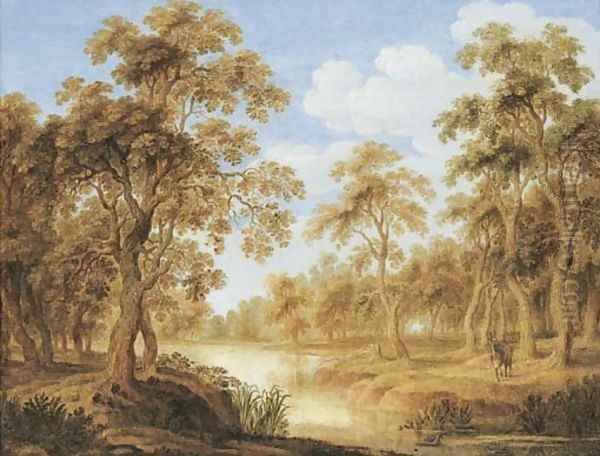 A wooded landscape with a stream and a stag - view 1