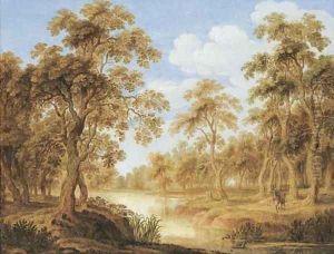 A wooded landscape with a stream and a stag