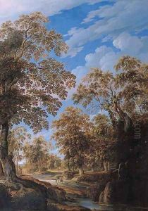 Peasant women on a forest track by a river by Alexander Keirincx