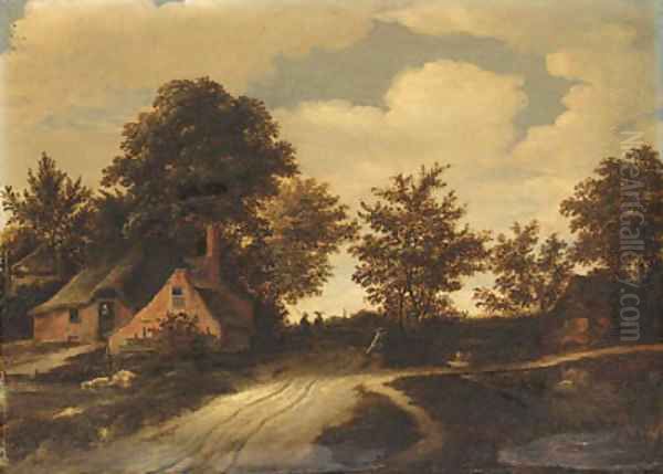 A hamlet with peasants on a path in a wooded landscape - view 1