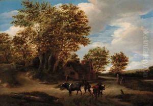 A wooded landscape with a herdsman and cattle on a track, peasants and a cottage beyond by Godaert Kamper