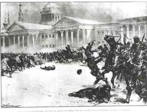 First Blood in the Revolution Repulsing the Strikers with Sword Whip and Gunshot opposite the Admiralty Building St Petersburg by H.W. Kockkock