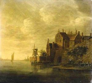 A fortified town on a river, with a sailing boat in the distance, at sunset