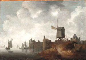 A river landscape with a windmill by a town A river landscape with a windmill by a town