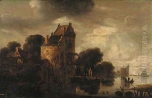 A river landscape with fishermen at a landing stage by a tower, sailing vessels beyond