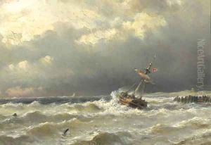 A sailing vessel caught in a storm off the coast