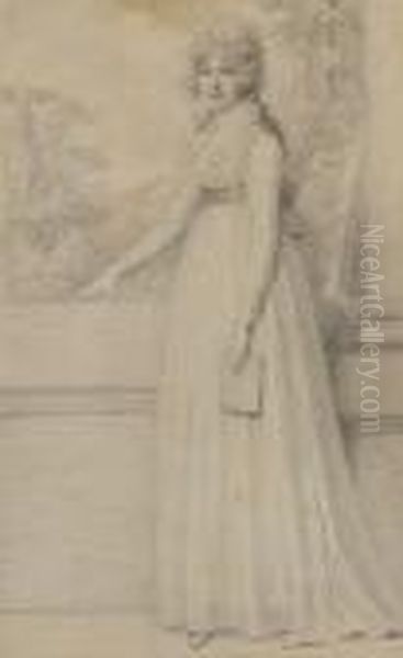 Mrs John Drummond (nee Hester
Cholmondeley),full-length, Wearing Dress With Frilled Trim And Sash, Her
Curledhair Powdered, She Holds A Book In Her Left Hand And Rests
Herright Hand On A Balustrade. - view 1
