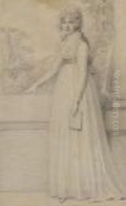 Mrs John Drummond (nee Hester 
Cholmondeley),full-length, Wearing Dress With Frilled Trim And Sash, Her
 Curledhair Powdered, She Holds A Book In Her Left Hand And Rests 
Herright Hand On A Balustrade.