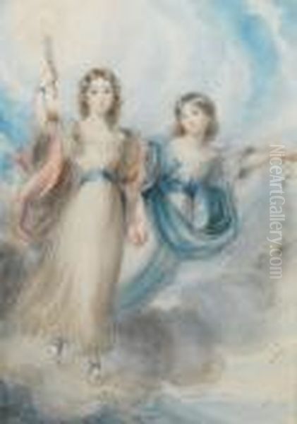 Two Allegorical Figures 
Representing Dawn; Onthe Left, Wearing White Robe With Blue Sash And 
Pink Drapery, Bluesandals, Her Curling Hair Worn Long, Her Right Arm 
Holding Aflaming Torch Aloft, On The Right, Wearing White Robe With 
Bluesash And Blue - view 1