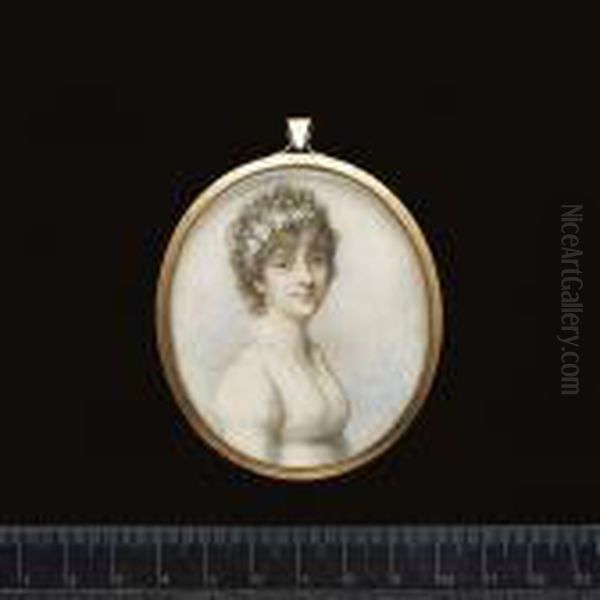A Lady Of The Blake Family, 
Wearing White Dress With Corded Waistband, Drop Earring And Garland Of 
Flowers In Her Curled Hair. - view 1