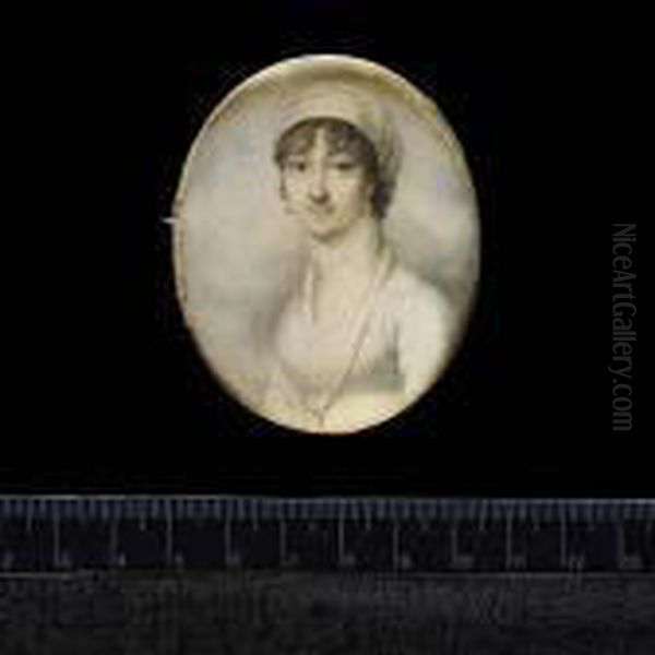 A Lady Of The Blake Family, 
Wearing White Dress, Long White Scarf About Her Neck, Silver Locket On A
 Chain About Her Neck, Drop Earrings And Turban. - view 1