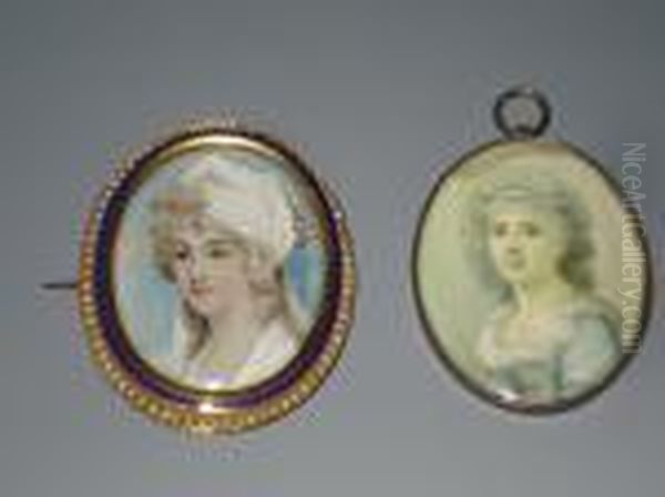 A Lady, Wearing A Blue Dress 
With Lace Trimmings, The Reverse With A Silhouette Of A Gentleman, Oval,
 Together With One Other Of A Lady Wearing A White Dress And Bonnet - view 1