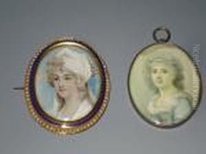 A Lady, Wearing A Blue Dress
With Lace Trimmings, The Reverse With A Silhouette Of A Gentleman, Oval,
Together With One Other Of A Lady Wearing A White Dress And Bonnet by Richard Cosway