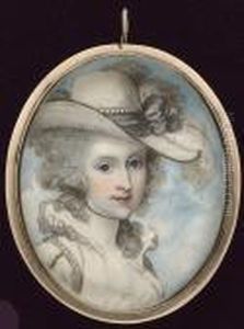 A Lady, Wearing White Dress With
 Ruff Collar, Pearls On Her Sleeve, Cream Hat With Black Trim Adorned 
With Black Ribbon, Pearls And Ostrich Feathers