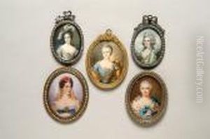 A Miniature Portrait Of Lady In White Jewelled Dress With Blue Shawl And A Plumed Hat by Richard Cosway