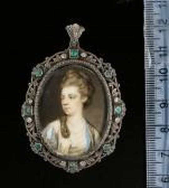 A Lady, Wearing White Open Robe
With Gold Embroidered Trim And Sleeves Slashed To Reveal Blue, White
Underslip, Her Hair Piled High And Falling Over Her Right Shoulder - view 1