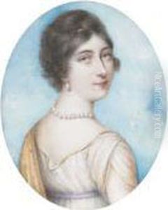 Countess Of Donoughmore (nee 
Hutchinson), In White Dress With Lilacsash, A Yellow Floral Stole Over 
Her Shoulders, Pearl Necklace Andearring; Sky Background
