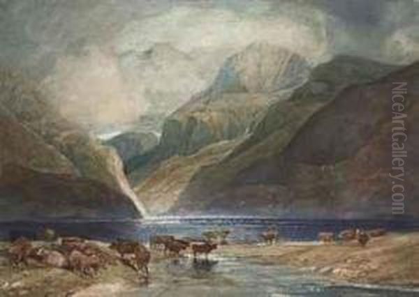 Cattle Watering By Llanberis Lake From Dolbadarn Castle, Withsnowdon Beyond, North Wales - view 1