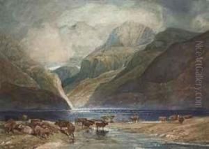 Cattle Watering By Llanberis Lake From Dolbadarn Castle, Withsnowdon Beyond, North Wales by John Sell Cotman