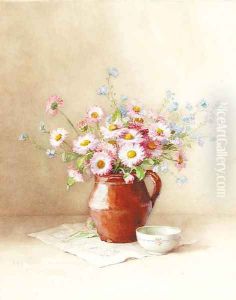 Still life of daisies and forget-me-nots in a ceramic jug by Elisabeth King
