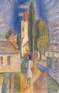Nagybanya Sketch with a Walking Figure 1932