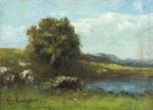 Rochers Et Arbres Pres D'un Lac by Gustave Courbet