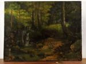 Dunkle Waldlandschaft Mit Wasserfall by Gustave Courbet