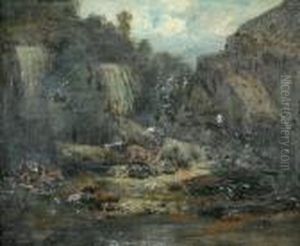 Waterfall And Deer by Gustave Courbet