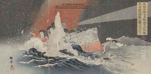 Illustration of Our Destroyers Hayatori and Asagari Sinking Enemy Ships at Port Arthur During a Great Snowstorm