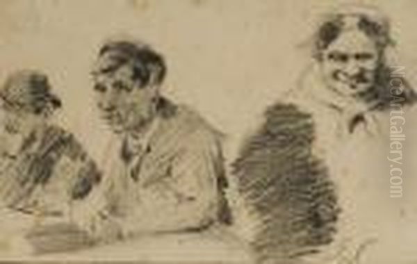Deux Hommes En Buste Et Une Femme Vue De Face - view 1